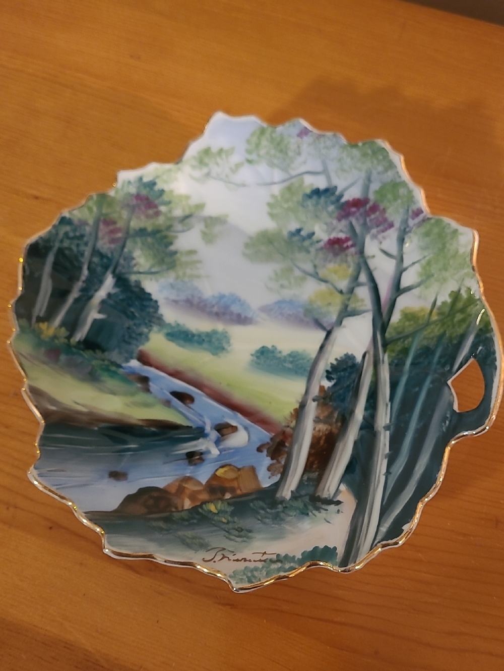 Hand-Painted Scenic Porcelain Wall Plate in Green and Blue